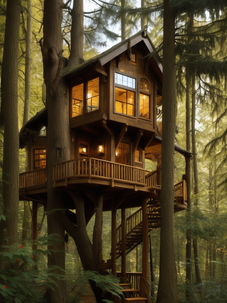 Treehouse with big windows in lush forest, intricate woodworking, incredible details