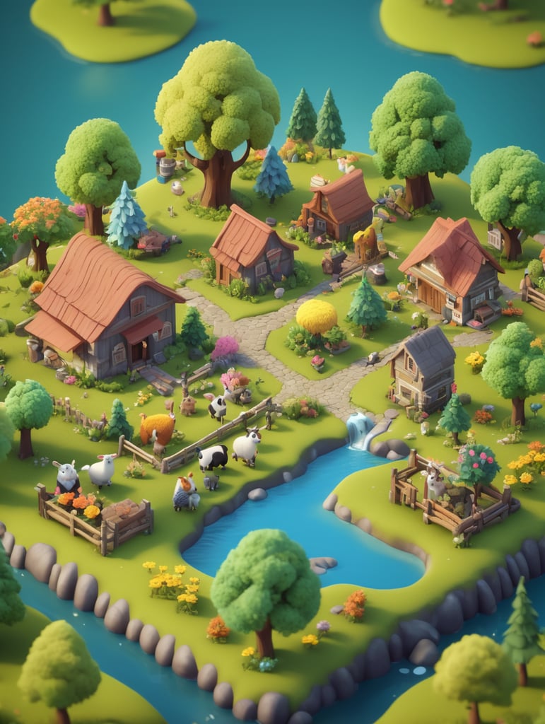 Detailed 3d farm island, fluffy trees, animals, working people, cute creatures, gathering place, flowers, game art style, 3d model, blender modeling, stylized, isometric, tinye style, cute, postcard style, miniatures