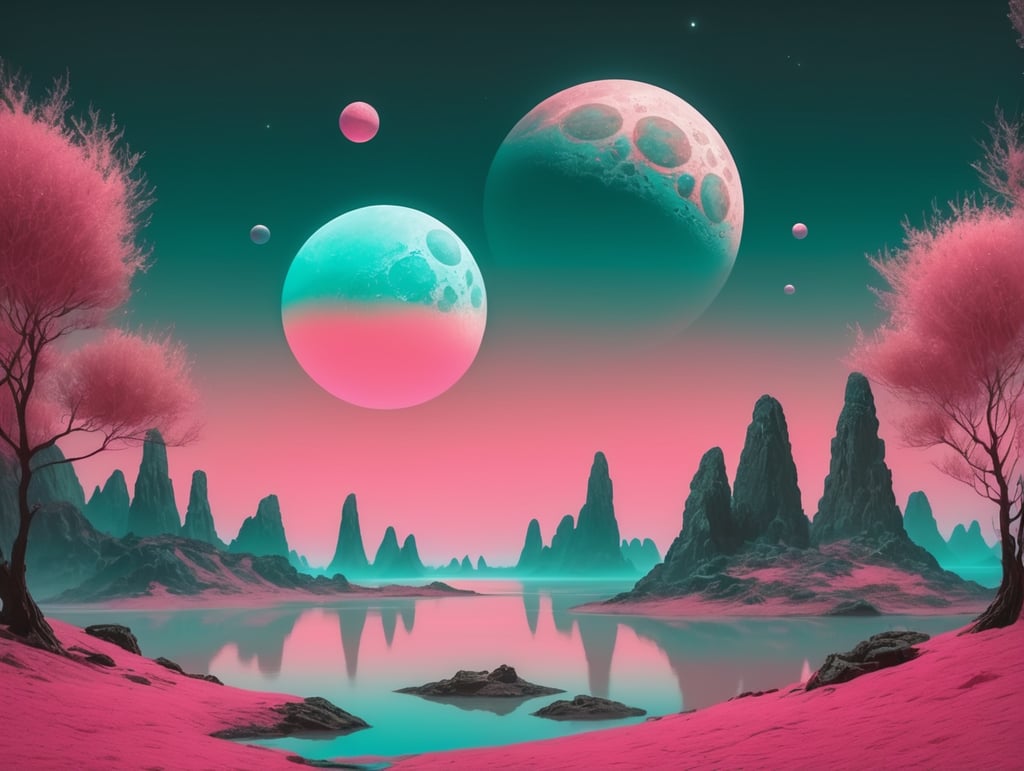 neon pink and teal planet landscape, two moons in the sky