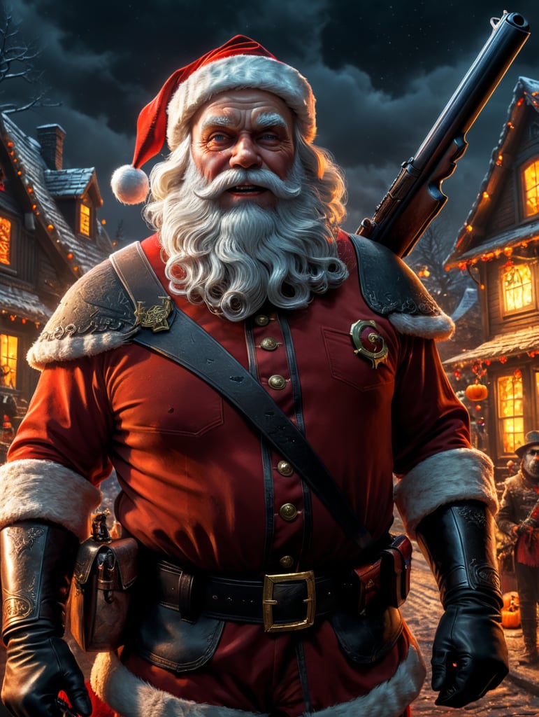 Santa Claus is coming to town, Halloween vibes, shotgun, dark comic book style