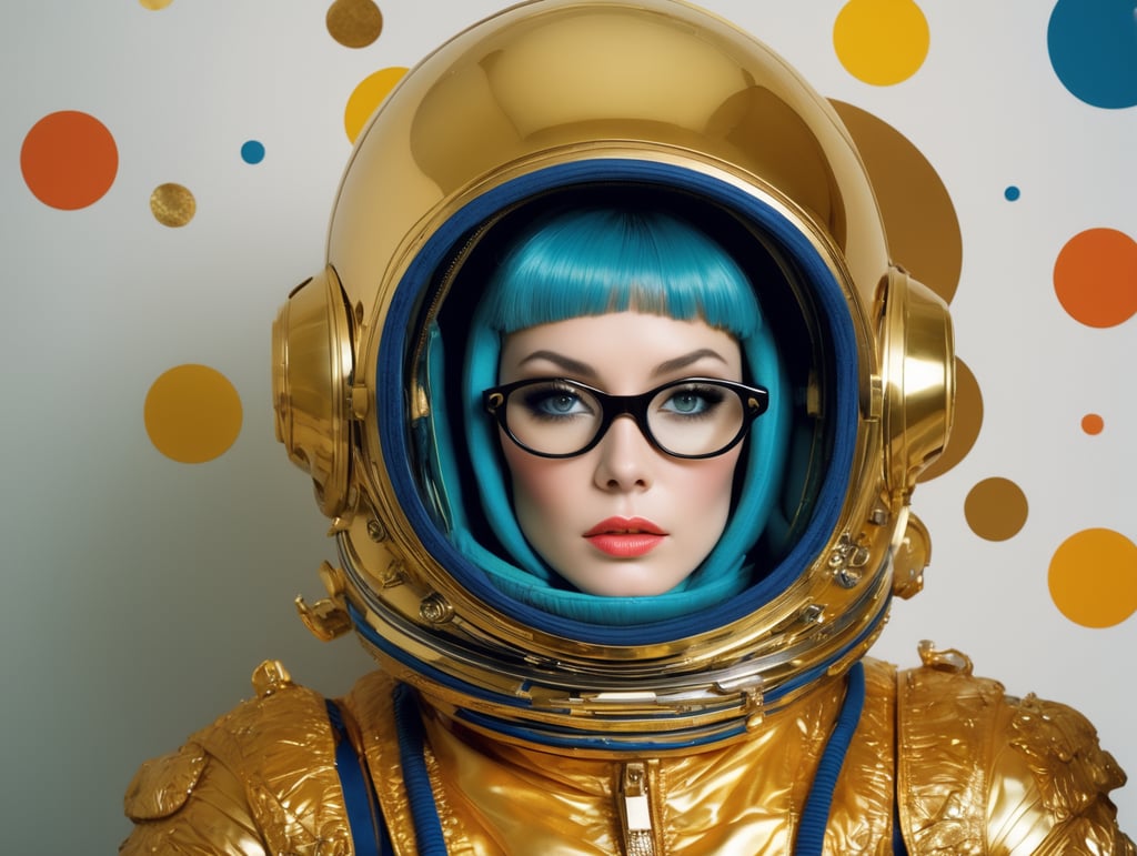 In 1998, abstract fashion photography captured a 1960s astronaut woman in a gold spacesuit with a large helmet and glasses. The art, created by Victor Moscoso and Bridget Riley, used Kodak Ektar 100 film. Carne Griffiths added a touch of magic with fluid art, while artists like Conrad Roset, Ilya Kuvshinov, Mark Fielding, and Zwy Studio emphasized high lights in the eyes. Sergio Lopez and Natalie Shau also contributed to the artwork.