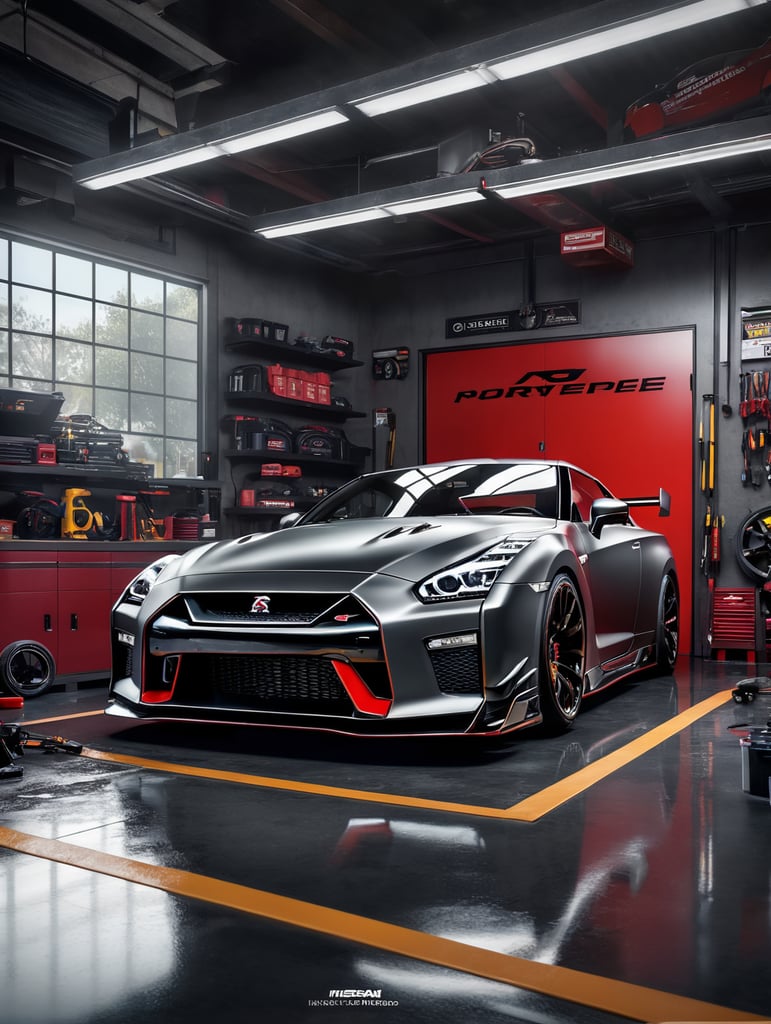 A video game visual, a futuristic Nissan GT-R Nismo inside a garage, must be visible the car is inside a garage, mechanic tools, clean image, Asphalt 9 Legends style, incredible graphics, 4