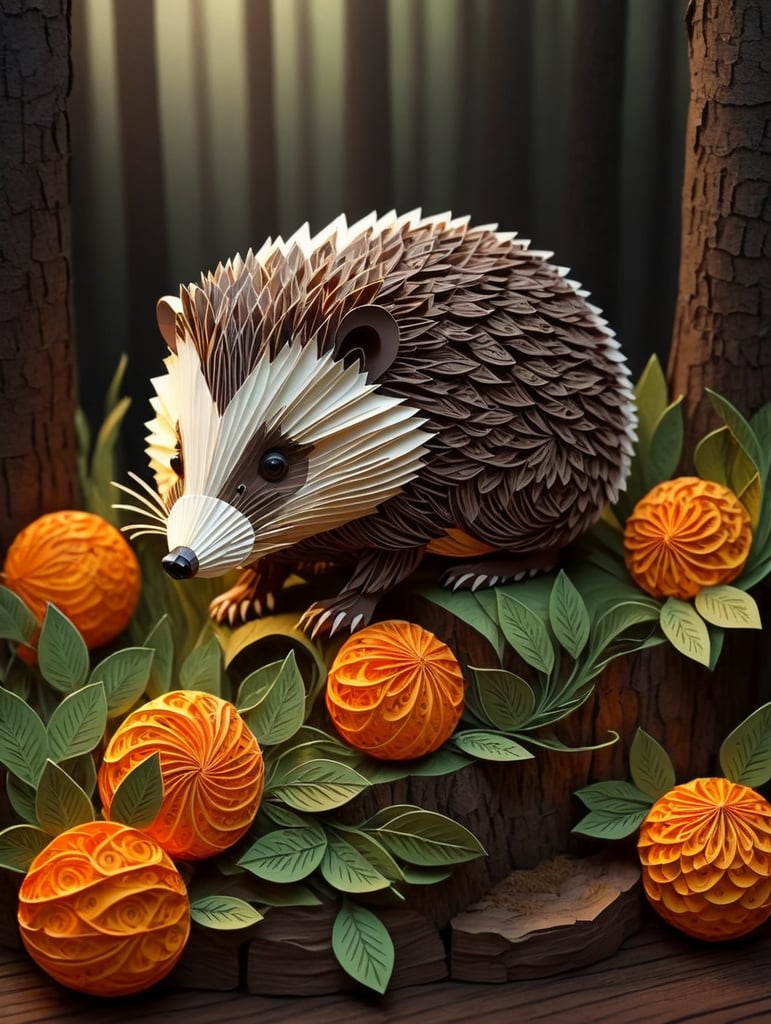 Hedgehog collects oranges in the forest