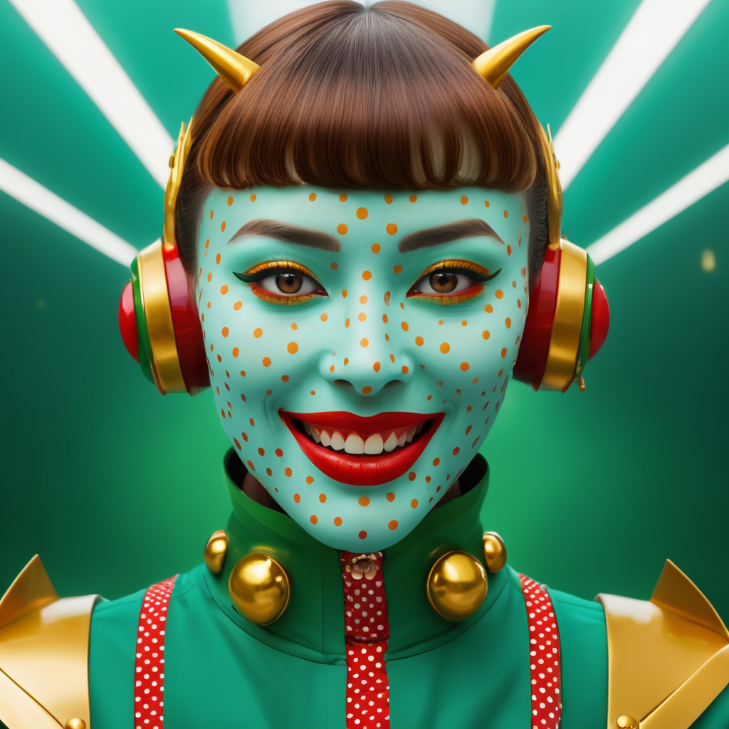 blue polka dot mask, mustard-brown horns, bright red lips, golden bangs, green high-collared outfit, surreal, futuristic, minimalist, wide grin, translucent skin, aquatic, comic page background