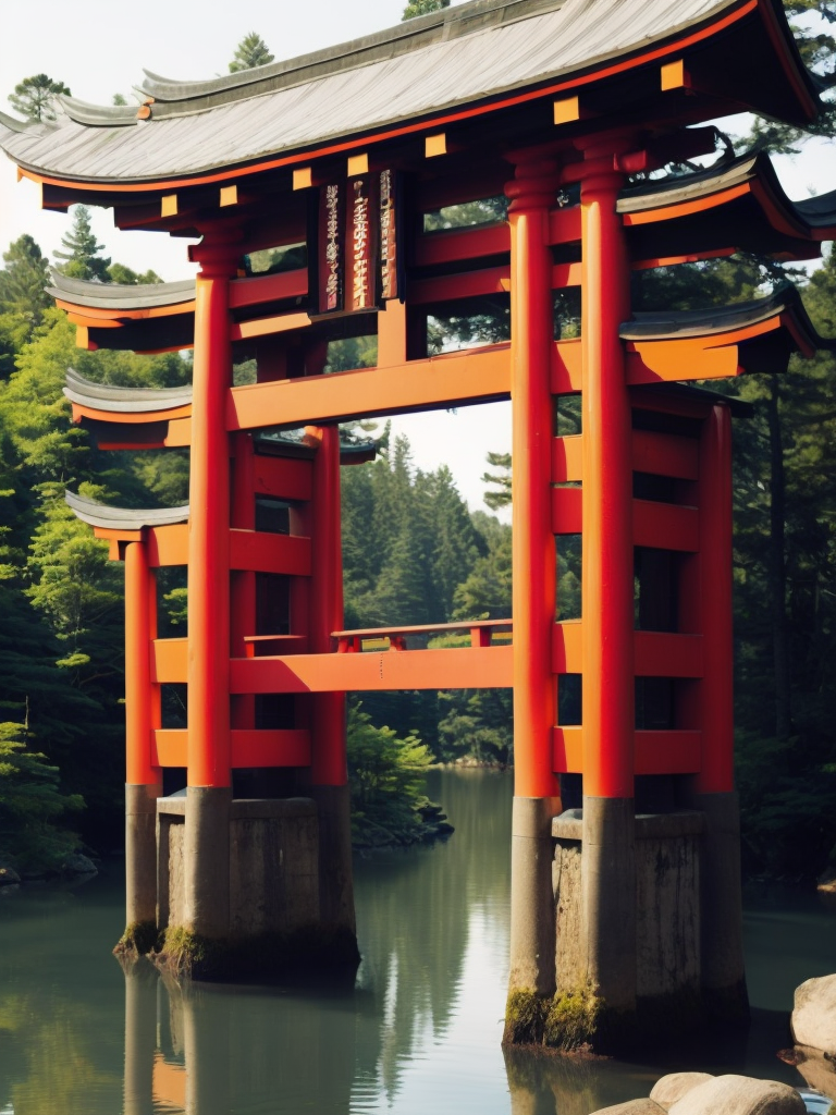 Red torii gate in middle of a lake, Dense forest on the edge of the lake, Bright and saturated colors, Japanese culture, photorealistic, contrast light