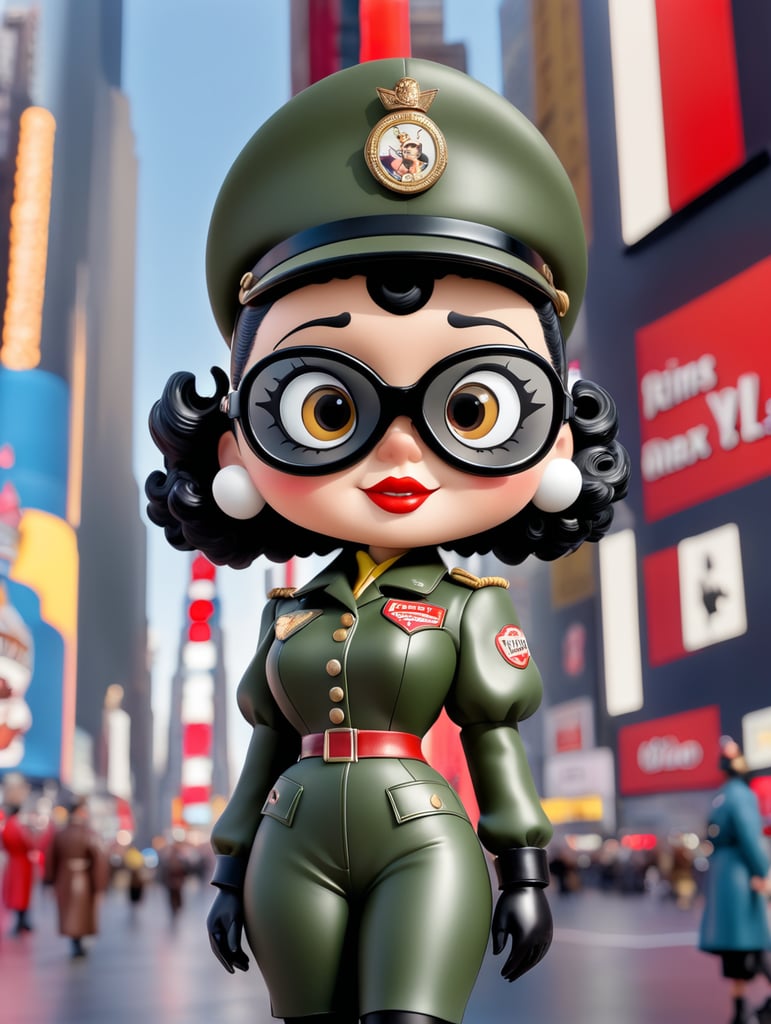 Betty boop in a latex aviator 1940s uniform in Times Square