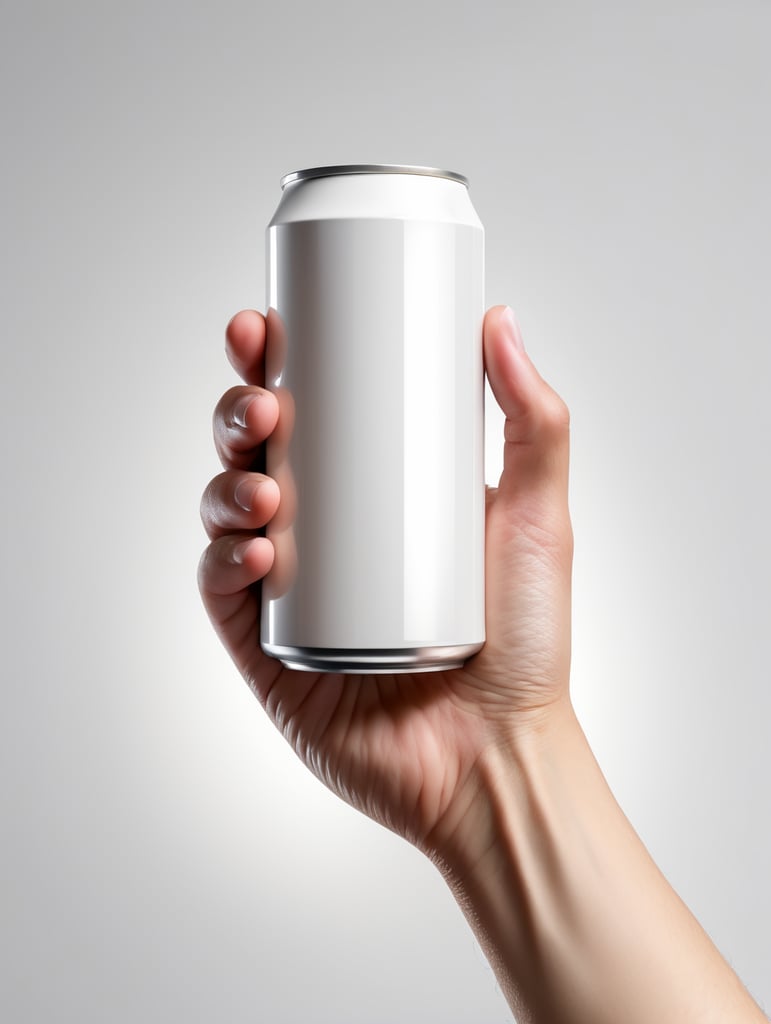 Hand holding a white can, clear, isolated, white background