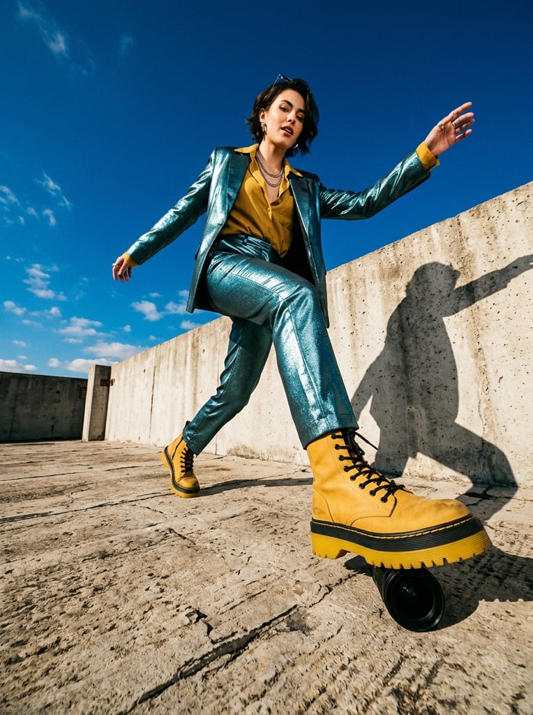 extreme low angle fashion photography, model with short hair in a shimmering metallic teal suit and mustard shirt stepping over the camera, dynamic pose with outstretched arms, chunky yellow combat boots, wide-angle lens distortion, harsh sunlight casting sharp shadows on a stark concrete wall, deep blue sky, vibrant colors