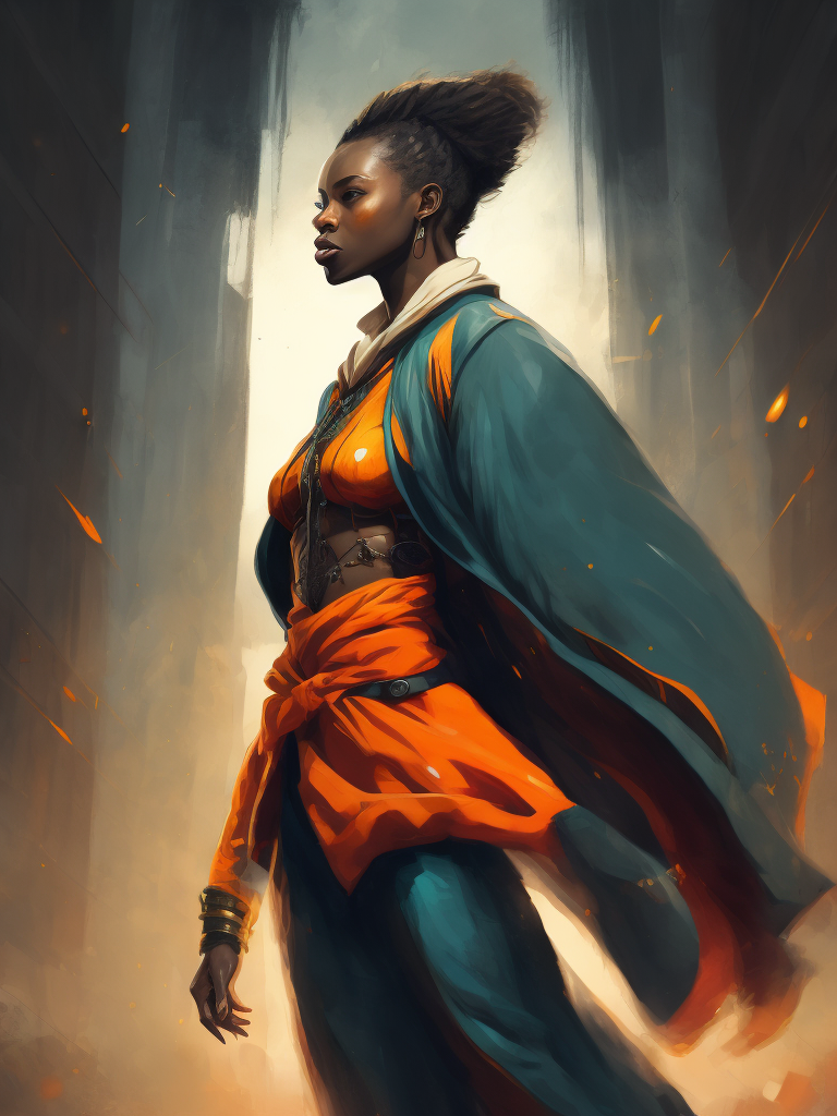 Illustrate a full-body manga drawing of a young African character in modernized traditional clothing, striking a dynamic pose with one hand raised.