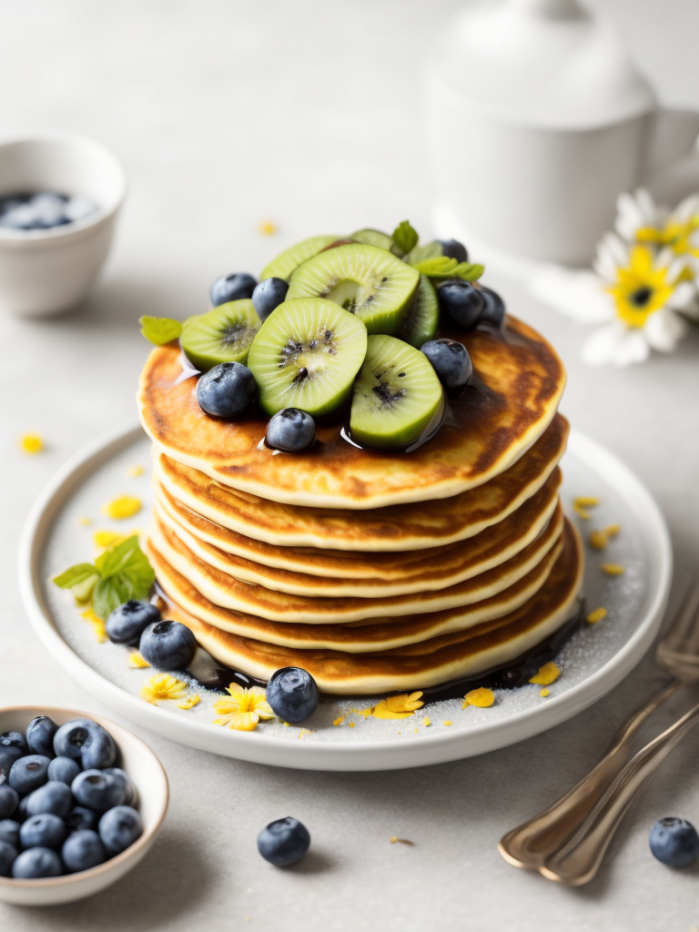 Pancakes with blueberry and kiwi decorated with chamomile flowers, bright atmosphere, Provence, Depth of field, Incredibly high detailed