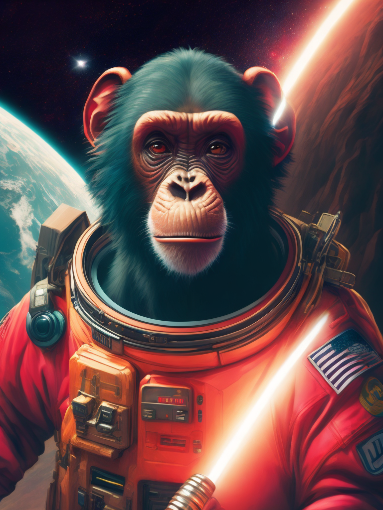 A chimpanzee going to space, wearing pink color astronaut suit, Vivid saturated colors, Contrast light, studio photo, professional photo, Detailed image, detailed face