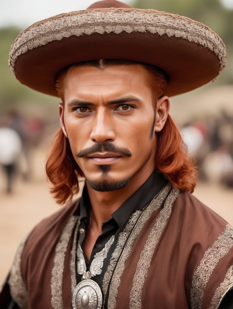 Mężczyzna. Rude włosy. Szare oczy. Tradycyjny meksykański strój męski brązowy.