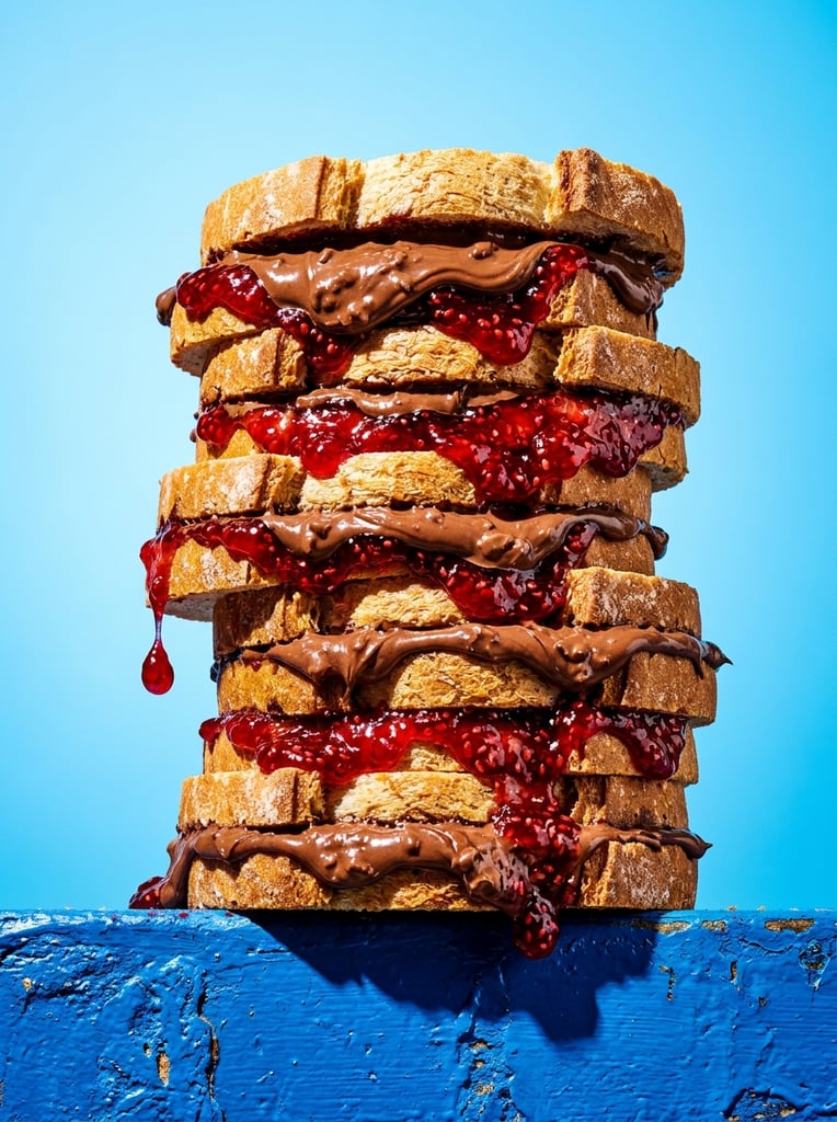A towering stack of thick bread slices oozing with heavy layers of brown chocolate spread and glossy red berry jam sits on a bright blue textured ledge. A single jam droplet hangs from the edge. Shot against a light blue gradient background, hard directional studio lighting casts sharp shadows, creating a bold, high-contrast pop-art food photography aesthetic.