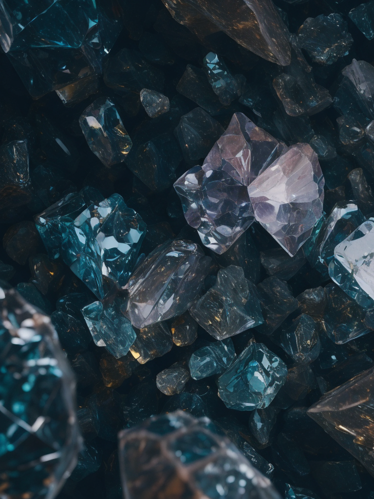 Crystal texture, pattern, background, top view, organic texture, seamless texture, scattered crystals, deep colors, contrast lighting, volumetric crystals, crystals stacked on top of each other, closely stacked crystals, knolling, flat lay, gems, crystals