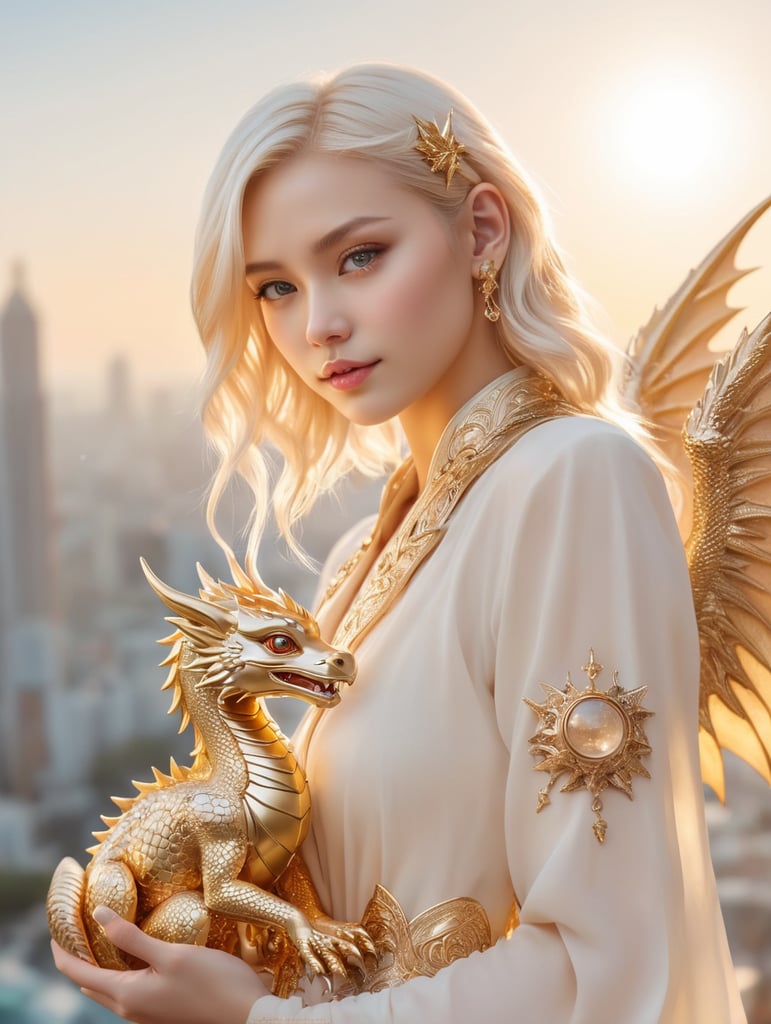 Cute young blonde headed cyberpunk girl holding her golden baby dragon, fantasy, exquisite detail, catch light, low contrast, high sharpness, depth of field, golden hour, ultra detailed photography, shiny stars in the sky