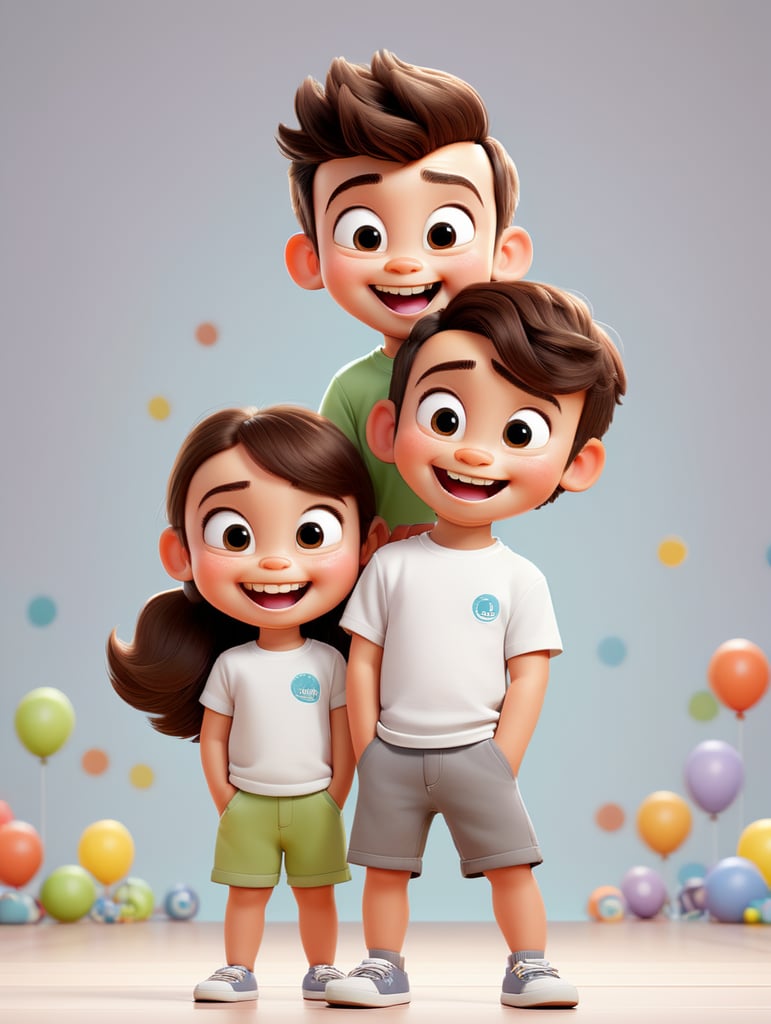 a Little boy and girl wearing white t-shirts, standing in front of ping background, blank shirts no print, 3 years old smiling toddlers, photo for apparel mock-up