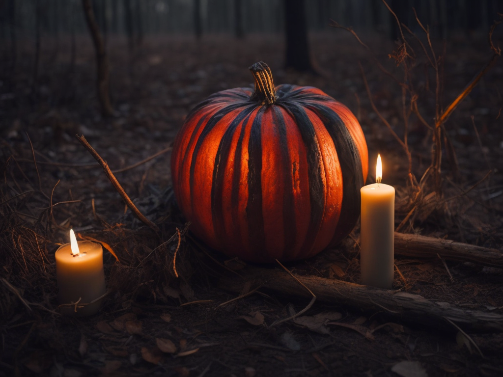 Night. Pumpkin. Dripping thin and long candles on forest ground, twigs. Many Shadows and dim scene. Red undertone.