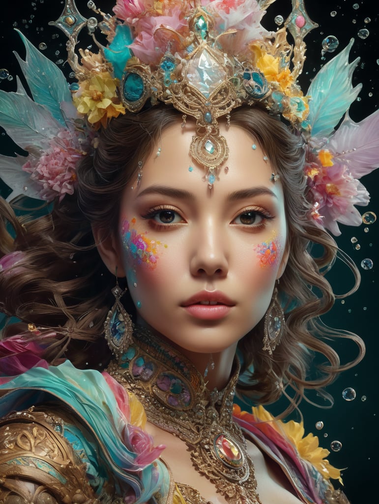 Dynamic underwater ink art by Alberto Seveso of a young woman in a cute princess outfit in Pastels and colorful fun intricate embellishments and geometric patterns and designs, cute colorful lighting high definition++, photography, cinematic, detailed character portrait, ++detailed and intricate environment, strong breeze, ++, detailed and intricate environment