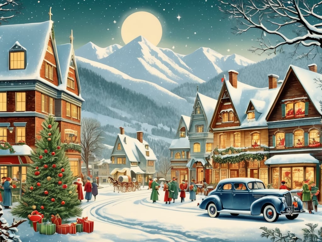 vintage Christmas postcard illustration, vector art