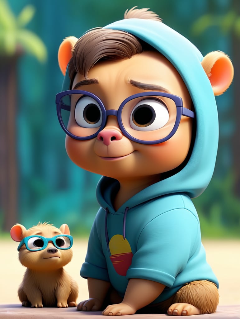 baby capybara, sunglasses, chill, cartoon with hoddie make it very cute