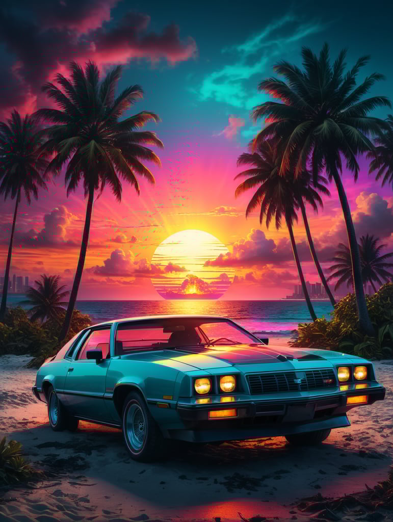 sunsets and palm trees miami vice version, 80's, palm trees on fire, retro party poster, neon vibrant colors,
