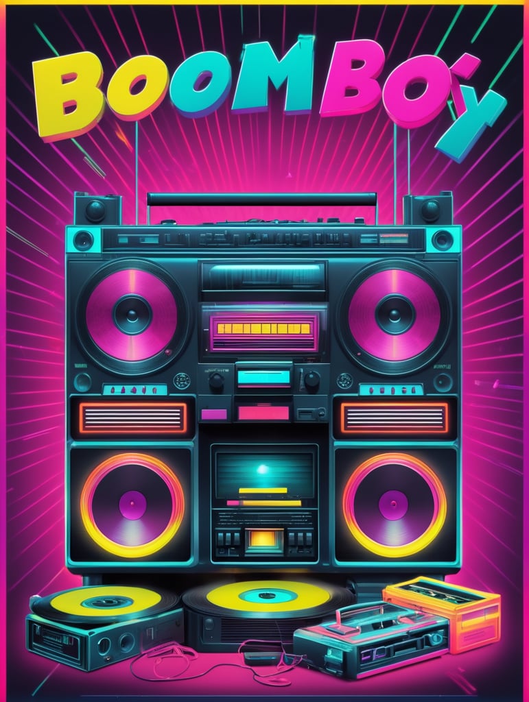 80's style retro party poster featuring boom box, cassettes, record player, neon, synthwave, disco vibes