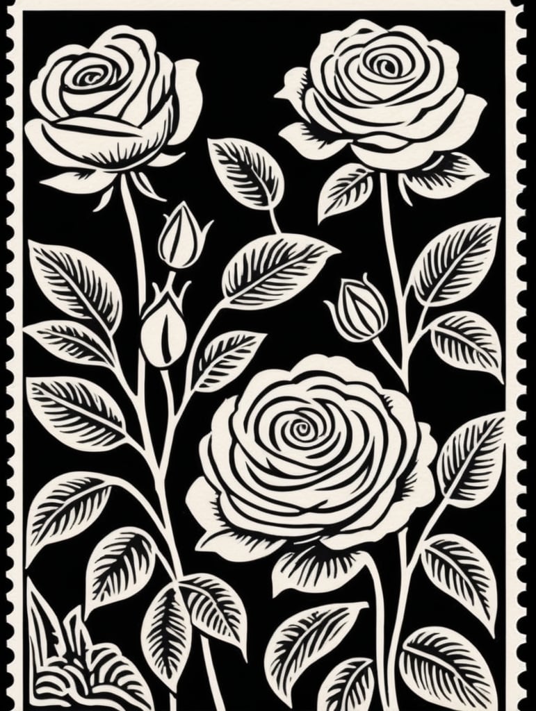 Black and white linocut postage stamp rose garden thick bold dark lines