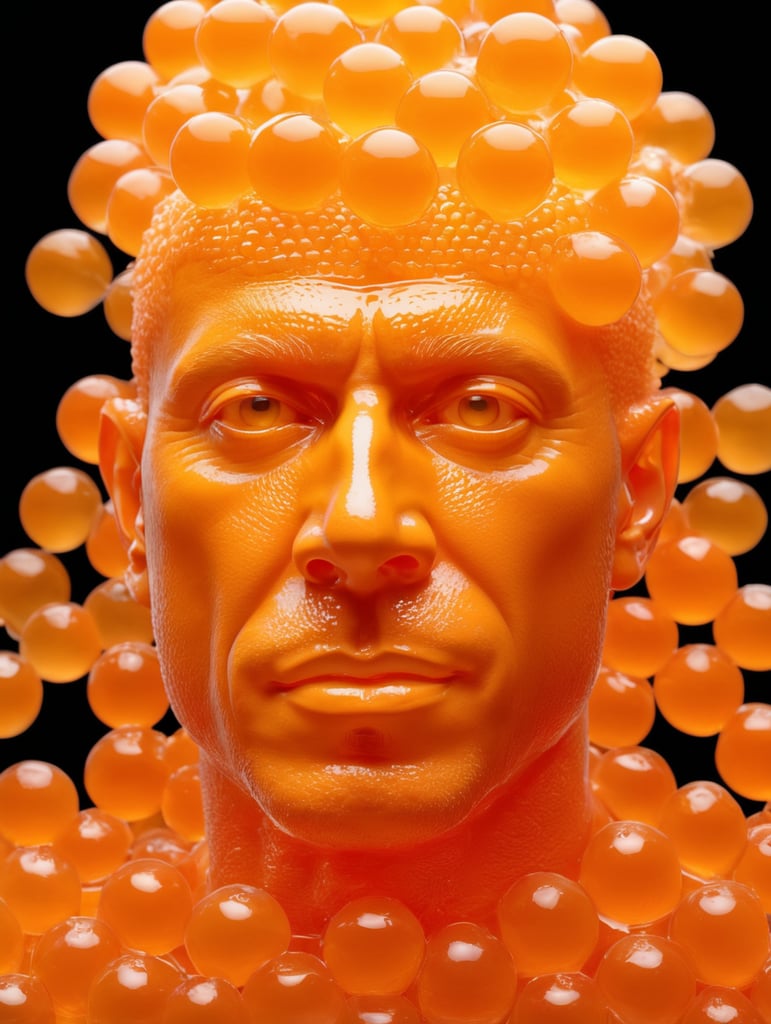 Portrait of a Translucent orange man made from the orange fruit, organs are visible through the jelly, isolated black background