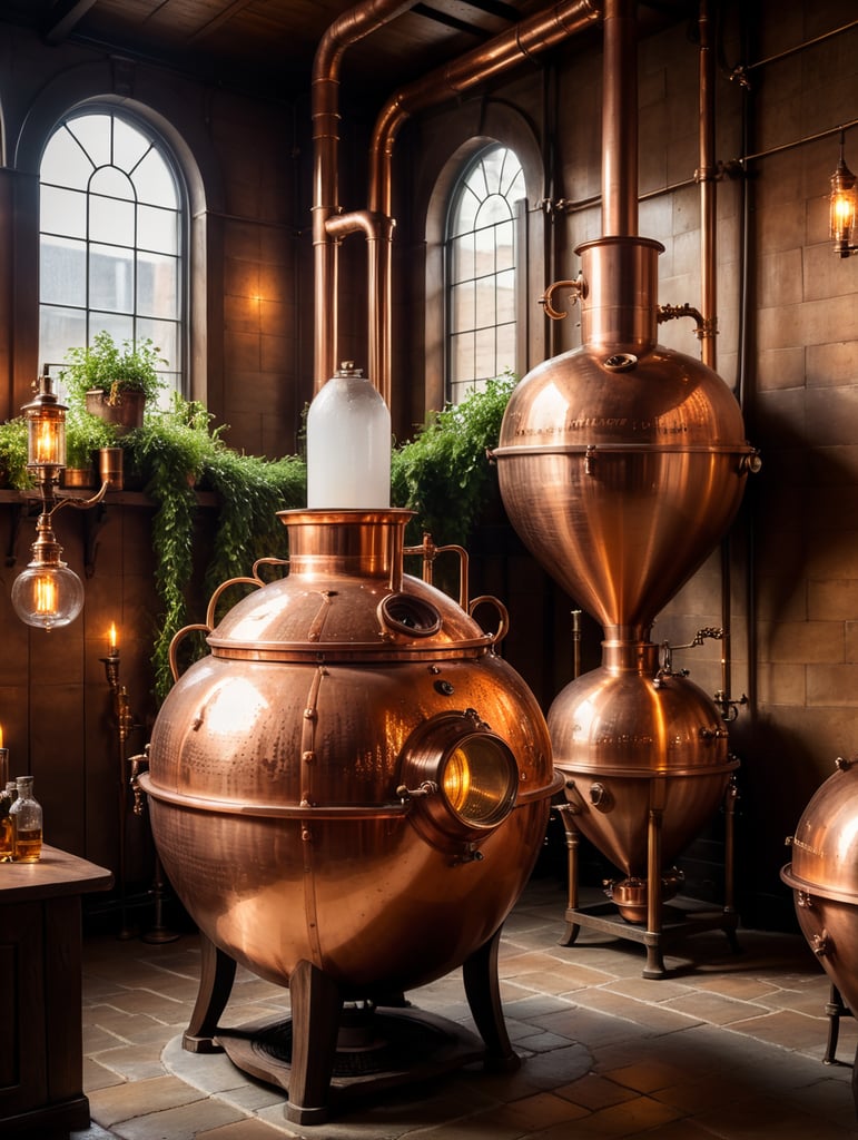 Close-up of a Copper distillation unit alembic, candles on the walls, Dim antique room for whiskey production, herbs and hops, old master sitting on a chair