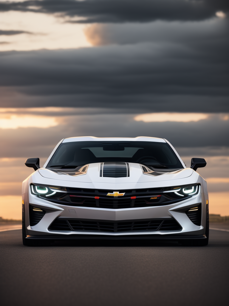 a videogame visual of a Chevrolet Camaro, front of the car, white plane background, dynamic composition, incredible graphic, 4k