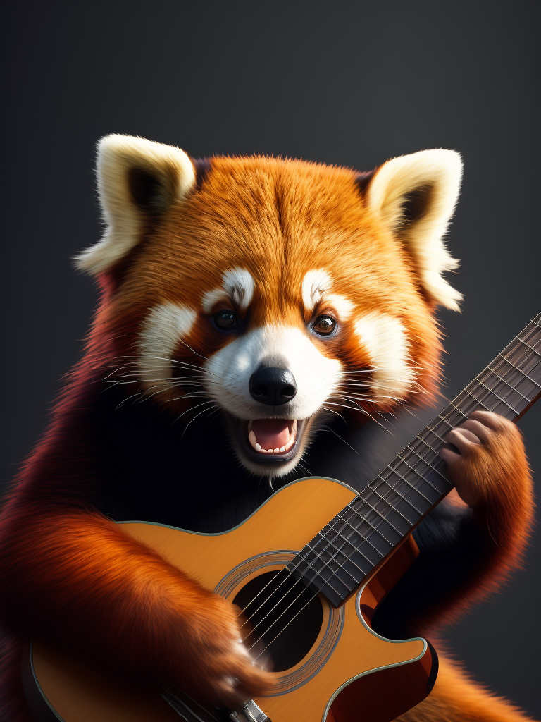 Red panda bear playing guitar, Vivid saturated colors, Contrast light, studio photo, professional photo, Detailed image, detailed face