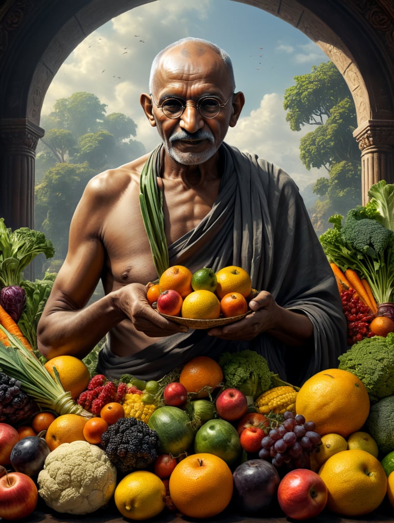 mahatma gandhi with fruits and vegetables, high resolution 4k high quality detailing image