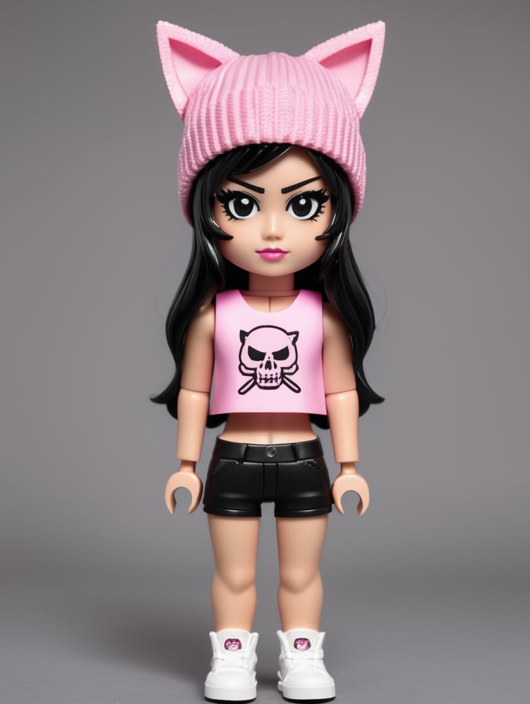 A Lego girl who is wearing a cat ear beanie, pink skull crop top, black shorts , and converses