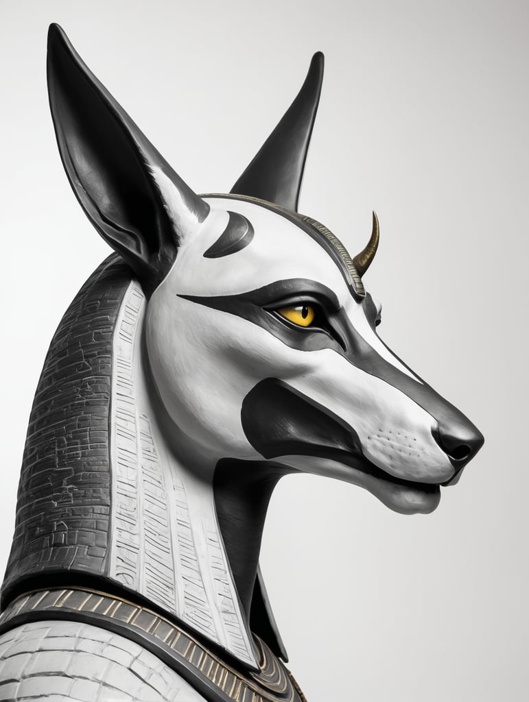 Anubis statue. Side view. Long nose. Upper body and head. Torso. Head. Egyptian warrior. mysterious. Majestic. Solemn. White background. Strong eyes. Grey skin. Black and grey and white image