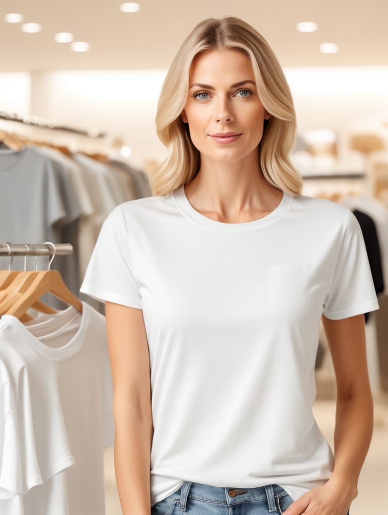 Woman wearing T-Shirt in Clothing Store Mockup