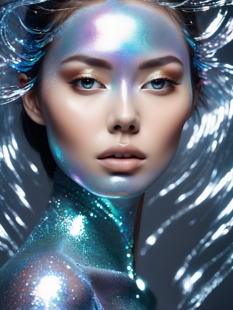 Mesmerizing Holographic face materials shimmer in motion, Photography in the style of Rankin