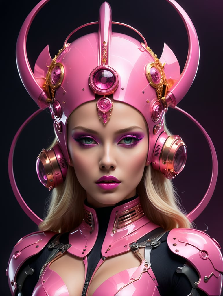 A beautiful blonde female pop artist all pink sleek futuristic outfit, with huge headpiece center piece, clean makeup, with depth of field, fantastical edgy and regal themed outfit, captured in vivid colors, embodying the essence of fantasy, minimalist