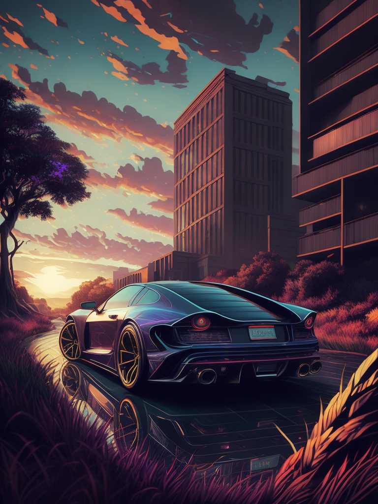 Illustration of super cars by dan mumford, alien landscape and vegetation, epic scene, a lot of swirling clouds, high exposure, highly detailed, fantastical, vibrant purple tinted colors, uhd