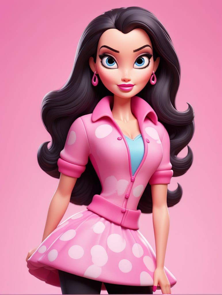 Simple vector illustration of a 42 year old barbie with thick body, straight black hair color wearing pink clothes