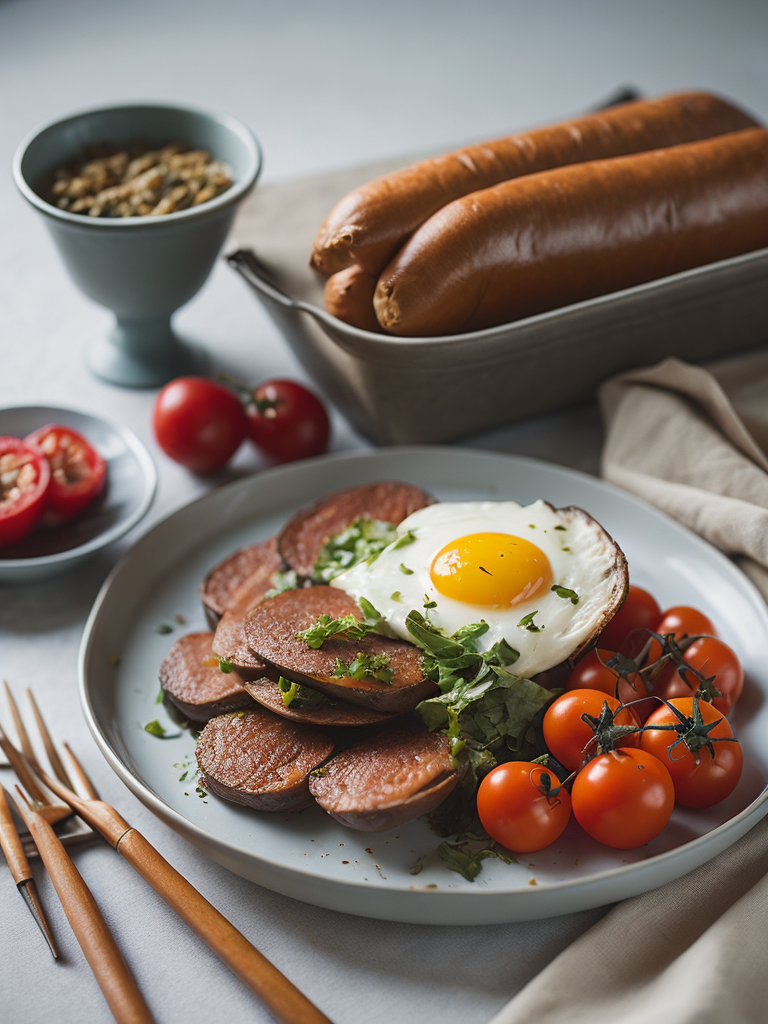 Завтрак из колбасы на тарелке жаренная колбаса яйцо и помидоры в заднем фоне полукопченая колбаса
