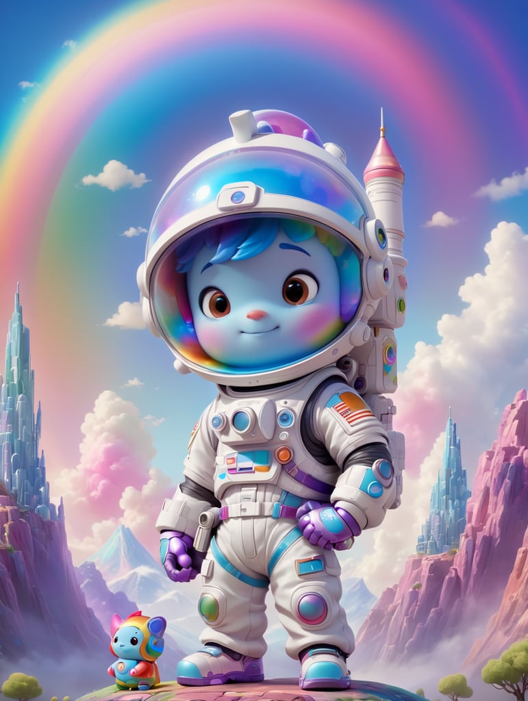Highly detailed portrait of a cute little astronaut. he has a bright and cheerful color scheme, featuring a mix of pastel blues, pinks, and purples, standing with his arms folded holding a toy sword, surrounded by a swirl of energy. the background is a colorful cartoon landscape, with fluffy clouds and a rainbow. the background is a stark, metallic landscape, with a futuristic cityscape visible in the distance. by atey ghailan, by eduard hopper, by greg tocchini, by james gilleard, grunge aesthetic graffiti