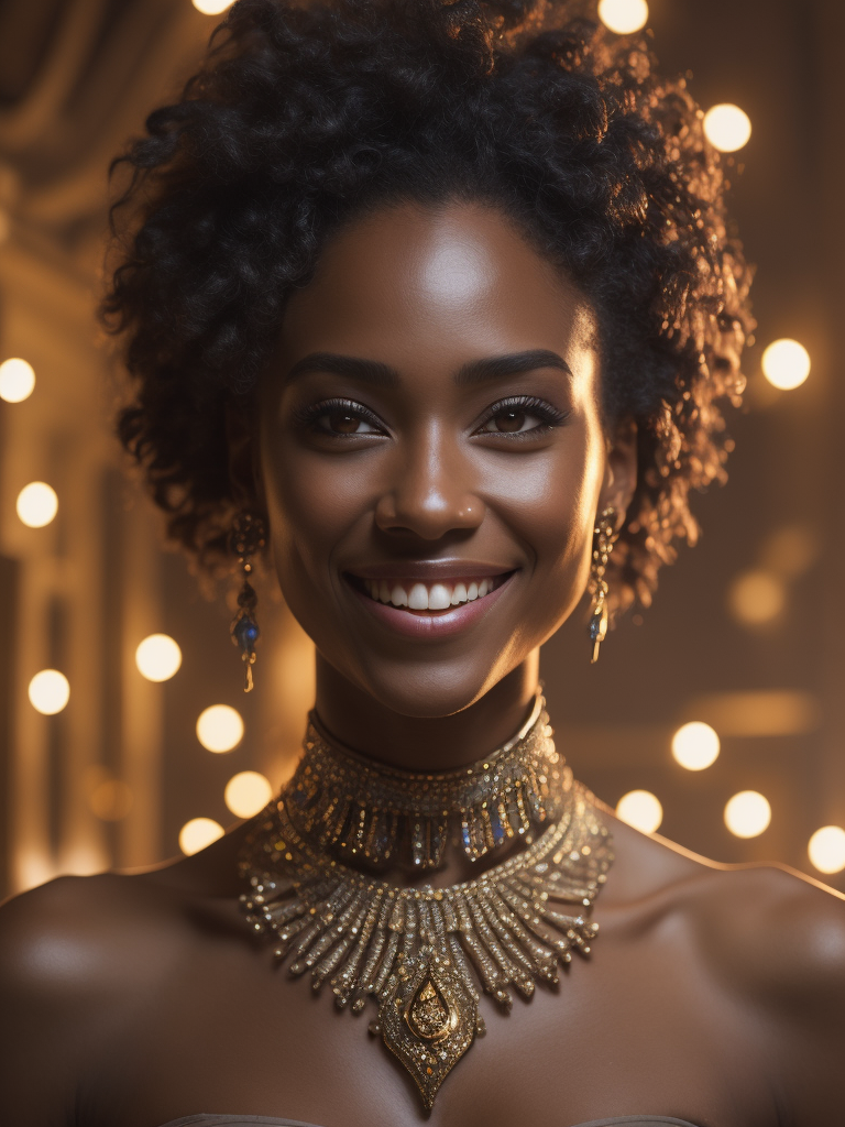 hyper-realistic, ultra-detailed photograph of a brown-skinned woman, smiling, golden jewelry, shiny, sunlight fractal details, depth of field, HOF, hall of fame, detailed gorgeous face, apocalyptic environment, natural body posture, professional photographer, captured with professional DSLR camera, trending on Artstation, 64k, ultra-detailed, ultra-accurate detailed, bokeh lighting, surrealism, Thomas Kinkade background, urban, ultra unreal engine, WLOP, Pauline Voß, Pascal Quidault, Christian Schob, Martina Fackova, intricate, epic, freckles, peach fuzz, detailed mascara