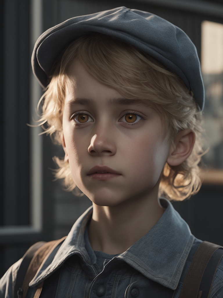 Young boy wearing a newsboys flat cap, curly blonde hair, deep amber eyes, overalls, red and white plaid button up shirt, hyper realistic, photorealism,