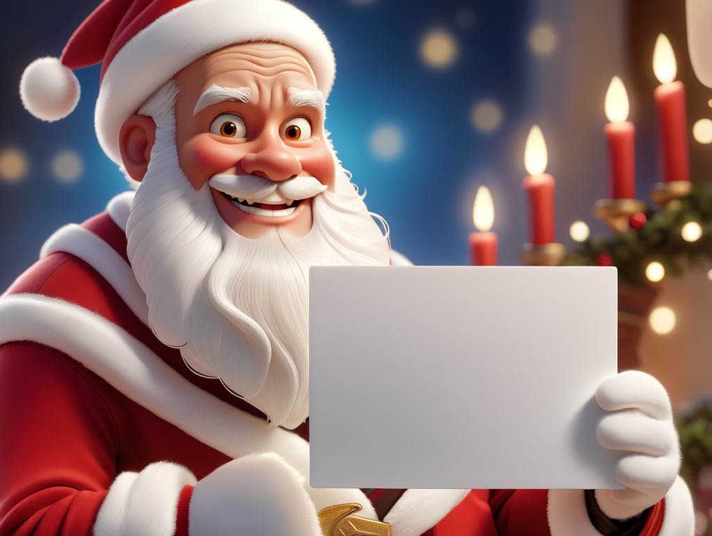 Portrait of Santa Claus smiling, White Background, holding a white business card, whimsical facial expression, flowing white beard, jolly caricature, saturated colors, red outfit, sharp focus, portrait photography, depth of field, dramatic candlelit lighting, incredibly high detailed,