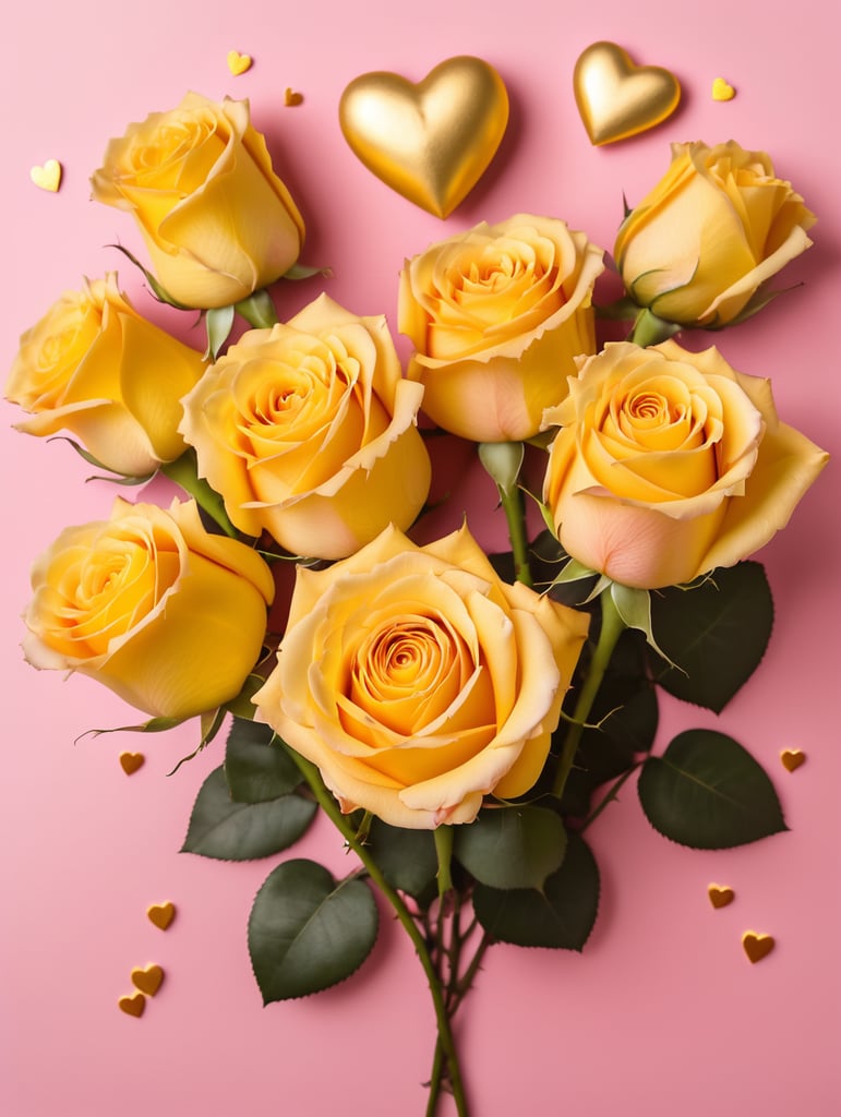 12 yellow roses and hearts for Valentine's Day, pink background