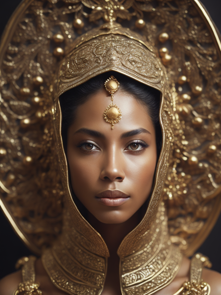 a photorealistic golden image of queen Bathsheba from the Bible, extremely detailed, detailed symmetrical realistic face, natural skin texture, extremely detailed skin with skin pores, peach fuzz, wearing a masterpiece, Israeli beauty, golden accessories, award winning photo, nikon d850 film archival photography, kodak portra 400 camera f1.6 lens, extremely detailed, amazing, fine details, rich golden color, texture hyper realistic, spectacular lighting, unreal engine, trending on artstation, cinestill 800 tungsten, looking at viewer, realistic photo, RAW photo, high quality, high resolution, sharp