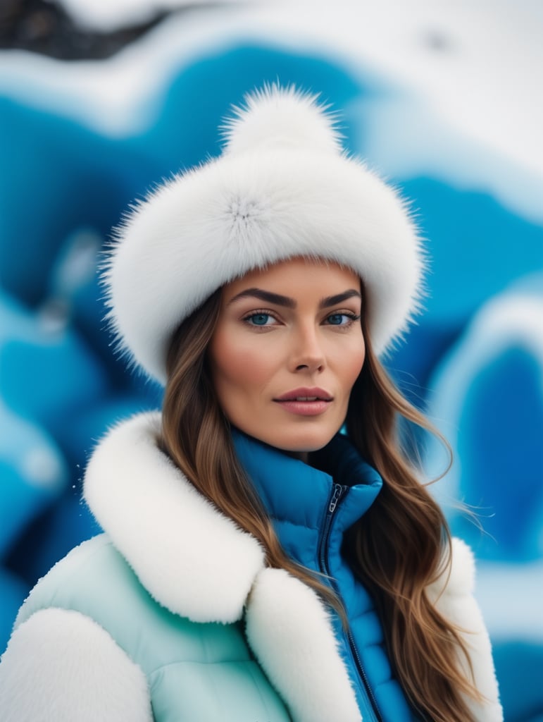 Candid photojournalistic shot] [french supermodel, stunning arctic outfit, antarctica] [colorful gardens, nature celebration] [bluecore, snowcore] [shot on medium format filmschool], cinematic, 8k, masterpiece