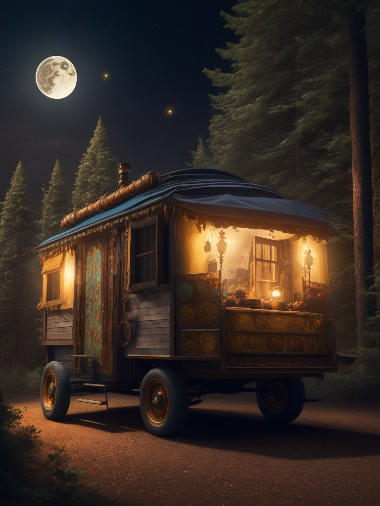 multicolored gypsy wagon in a forest with the full moon in the sky illuminating the wagon from the moon and the bonfire, more open plan