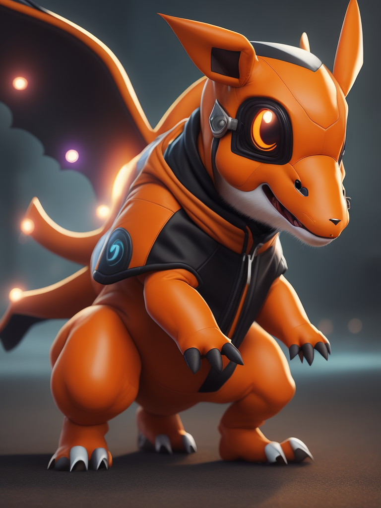cute stylish pokemon Charizard dressed in stylish futuristic sportswear clothes, big sneakers and a futuristic glasses