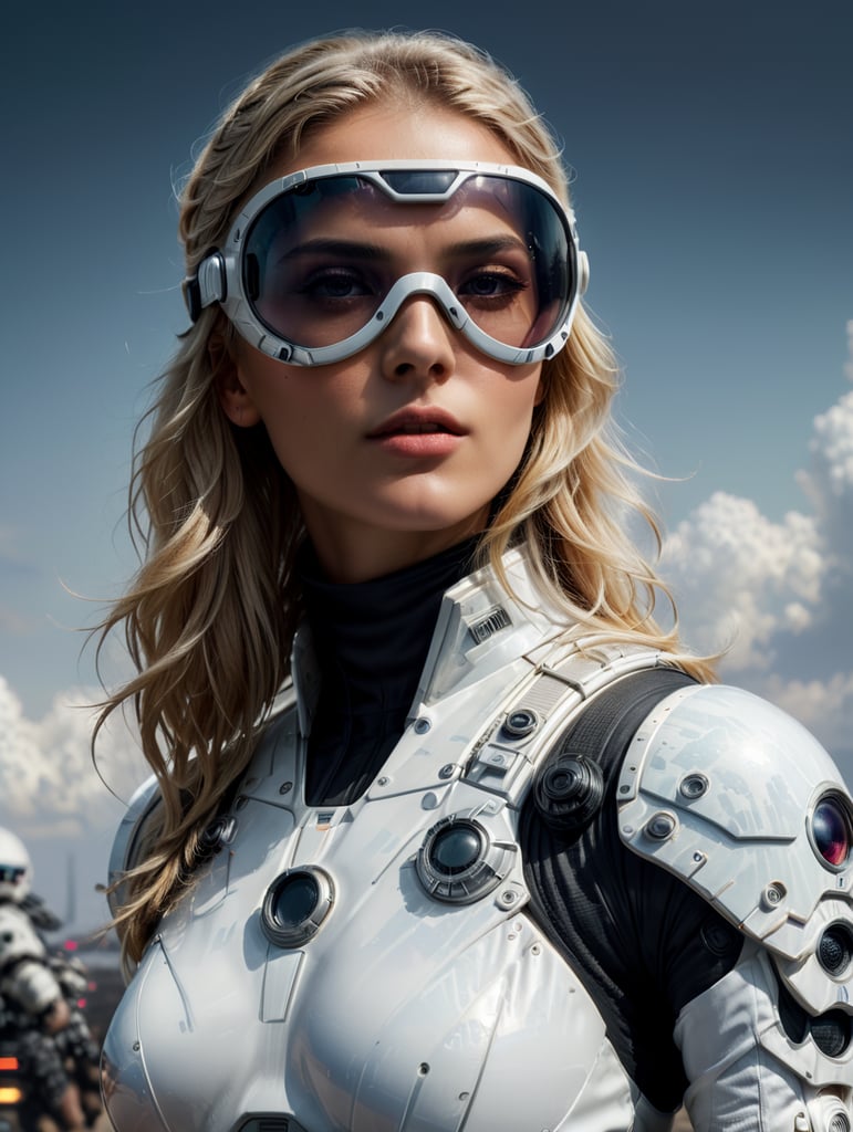 full body beautiful supermodel female model all white wearing futuristic female starwars model and astronaut style goggles in blonde hair looking to the right. No background, 8k, surrealistic